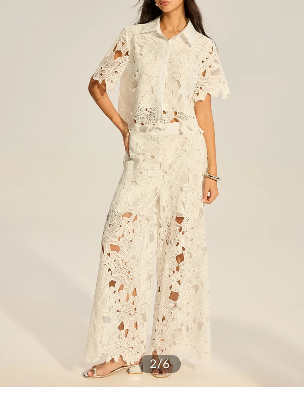 Lace Crochet Cut-Out Top and Wide-Leg Pants Set